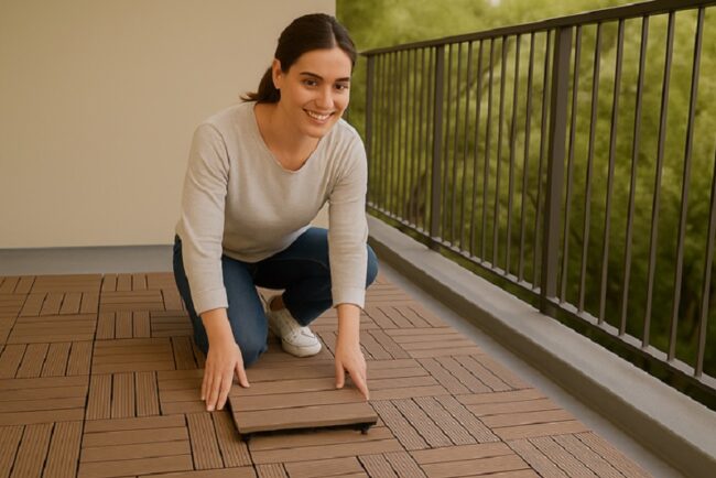 A young woman with a smile and open eyes installing interlocking WPC deck tiles on a balcony, surrounded by natural light and greenery in the background.